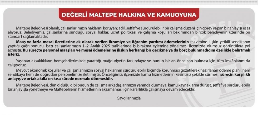 MALTEPE BELEDİYESİ’DEN AÇIKLAMA 